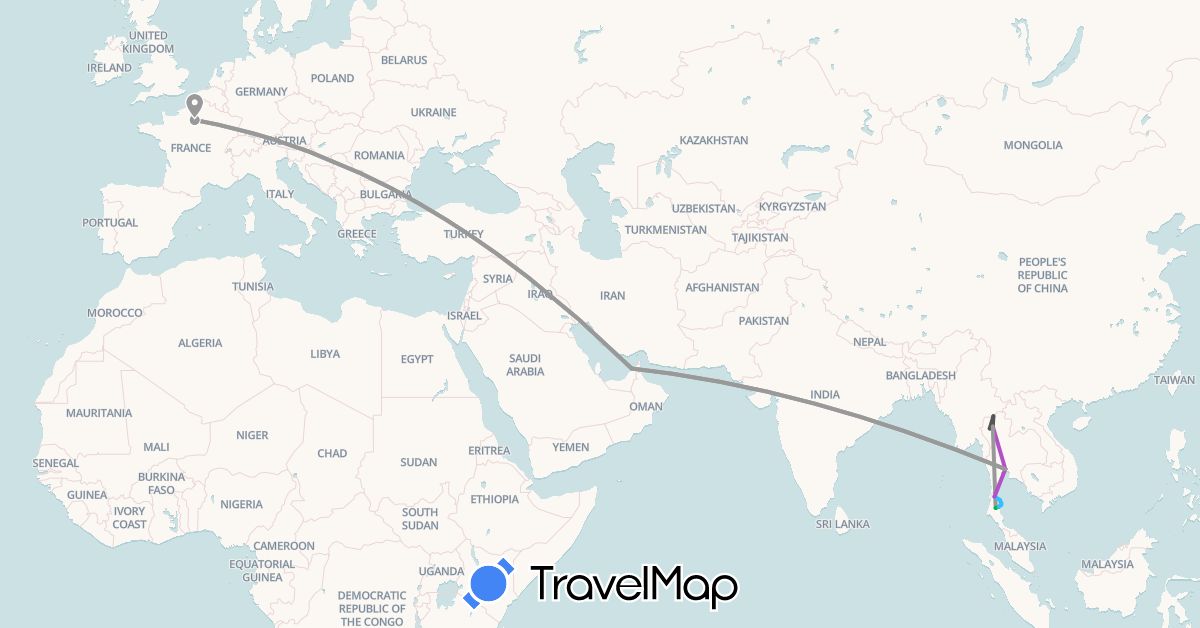 TravelMap itinerary: bus, plane, train, boat, motorbike in United Arab Emirates, France, Thailand (Asia, Europe)